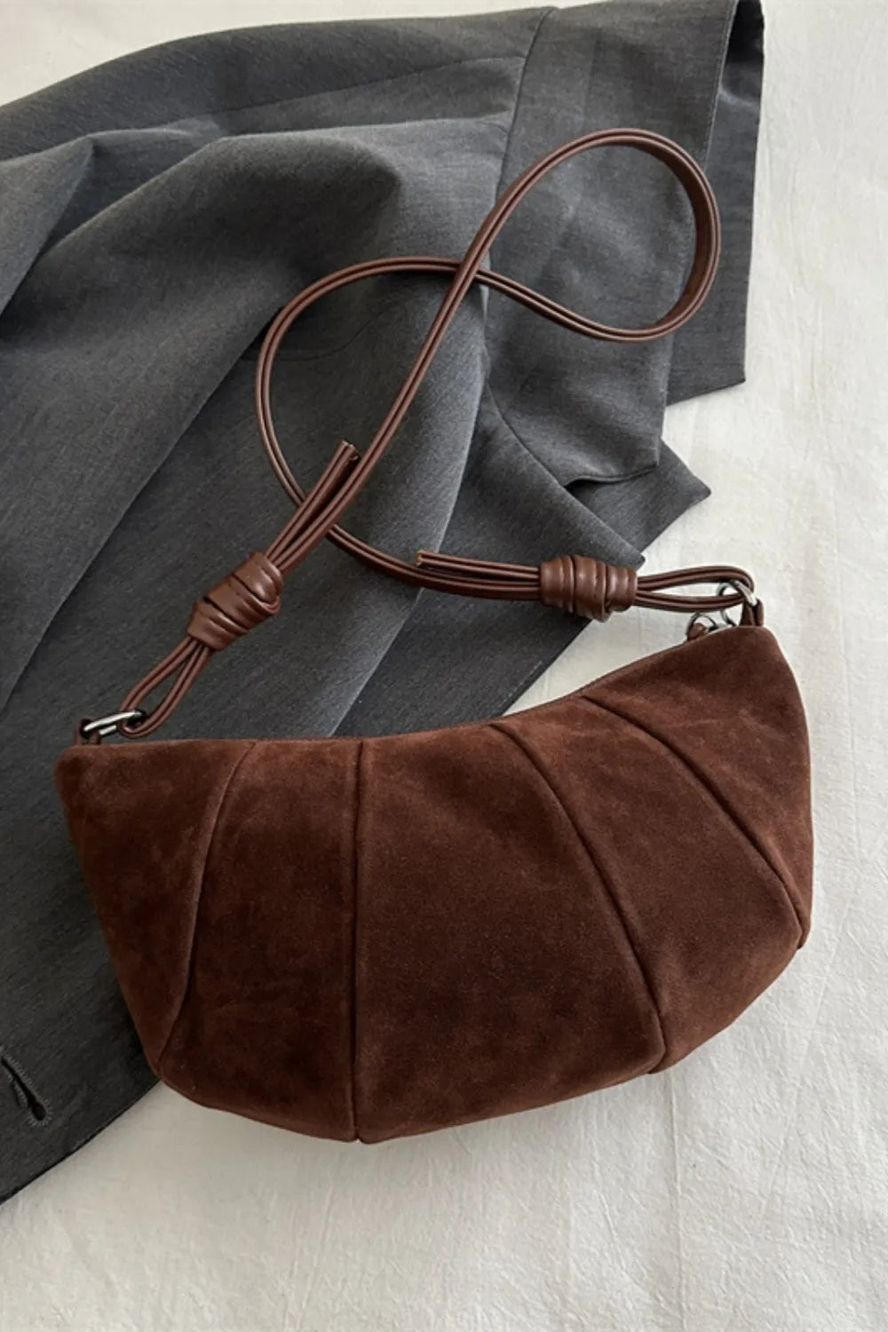 Maison Maryim Luxury Suede Croissant Shoulder Bag — close-up detail — handbag