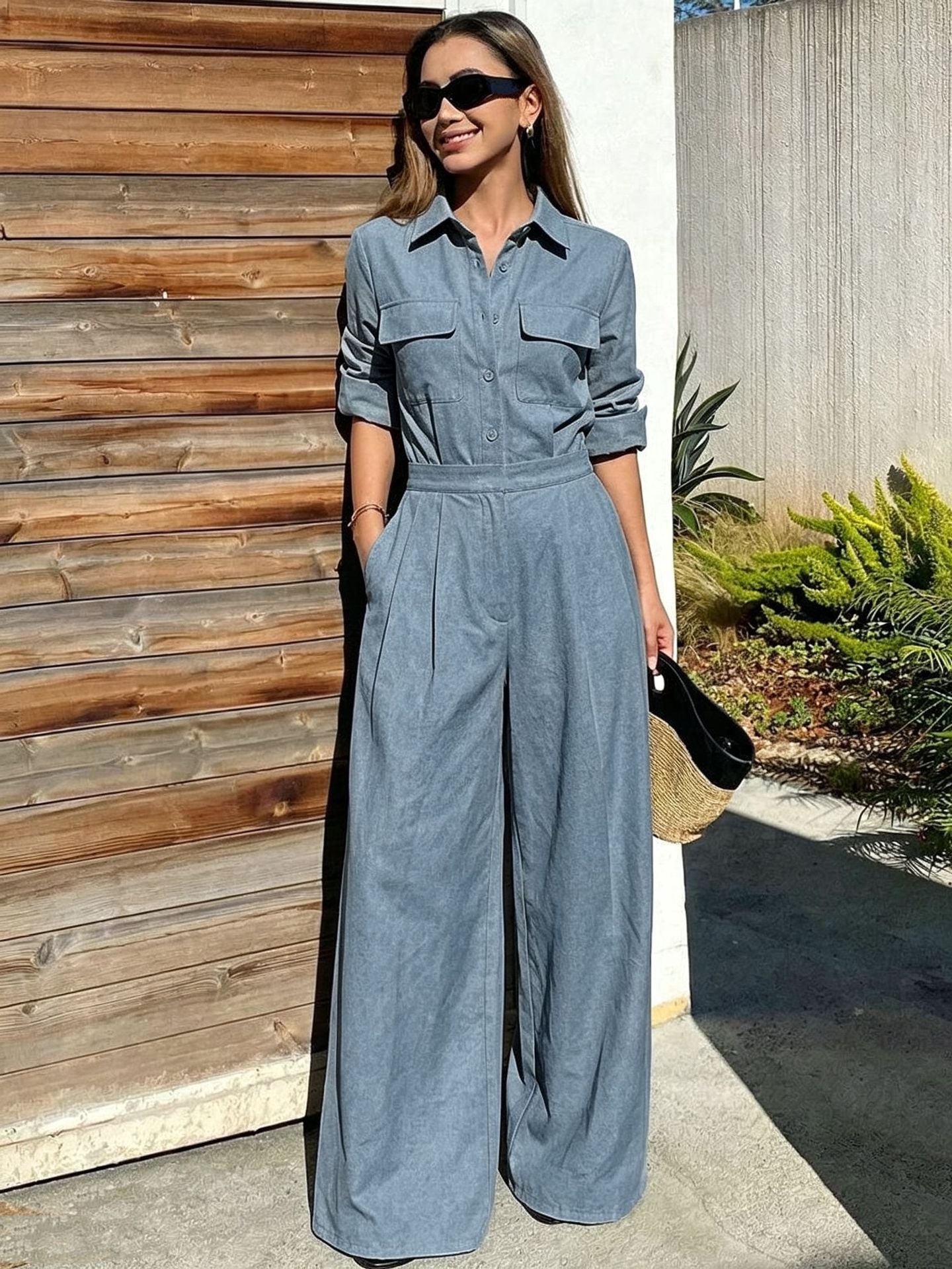Maison Maryim Collared Utility Jumpsuit — texture close-up — jumpsuit