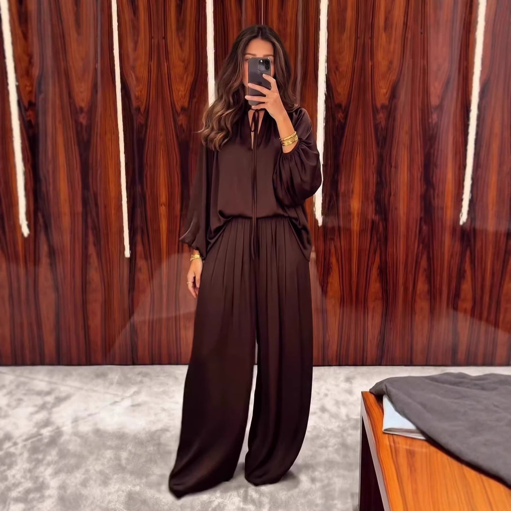 Maison Maryim Lace-Up V-Neck Pants Set — styled view — two-piece set
